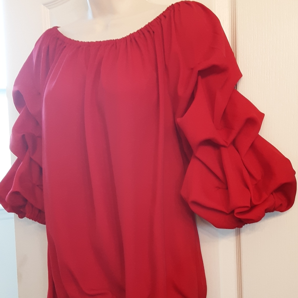 MSK Red Ruffle Sleeve Top - Picture 3 of 12
